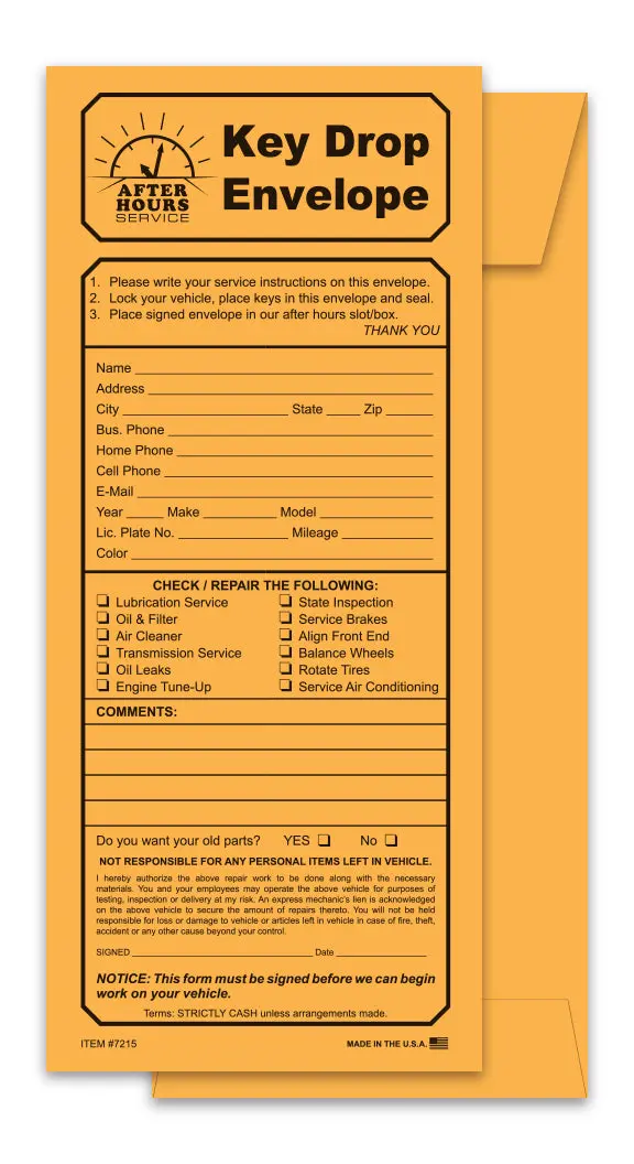 After-Hours Key Drop Envelopes For Car Dealerships – 4-1/8" × 9-1/2" Durable Kraft Paper Vehicle Key Bags – Secure Tamper-Proof Vehicle Key Drop Box Envelopes With Top Opening & Pre-Printed Checklist 1