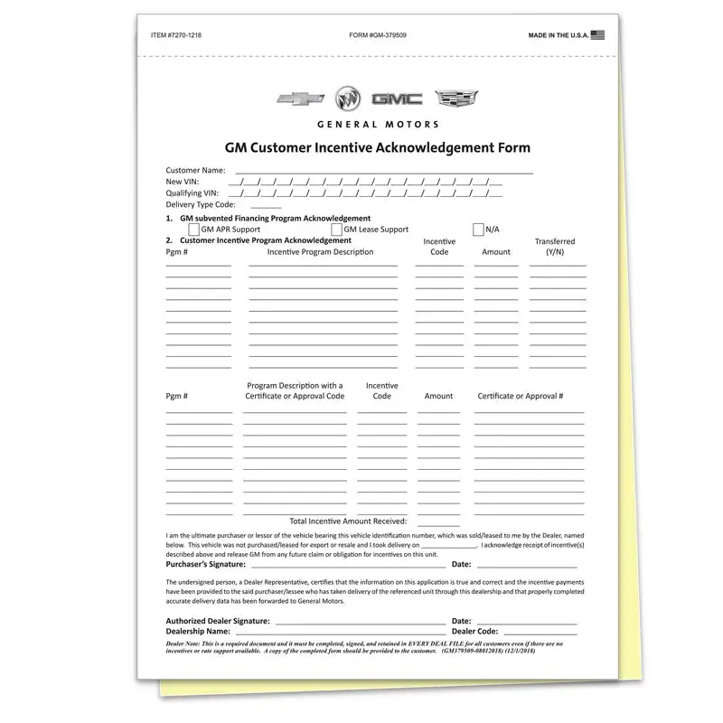Gm Customer Incentive & Onstar® Acknowledgment Form | Gm-3795-Os Carbonless 2-Part Snap-Out Forms | 8.5" X 11.75" Dealer Incentive Tracking | Pack Of 100 Auto Dealer Forms 3