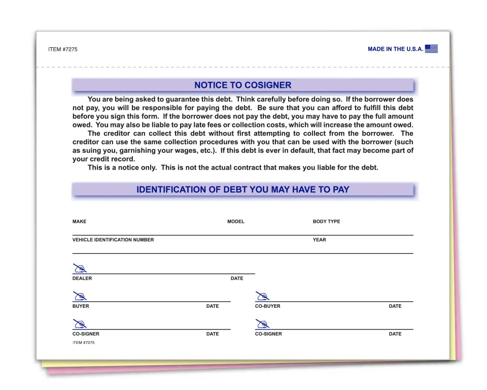 Protective Notice To Co-Signer Forms For Car Dealerships & Rental Agencies – 8-1/2" × 6-3/4" – 3-Part Snap-Out Carbonless Forms (White, Canary, Pink) – Financial Obligation & Loan Default Notification 1