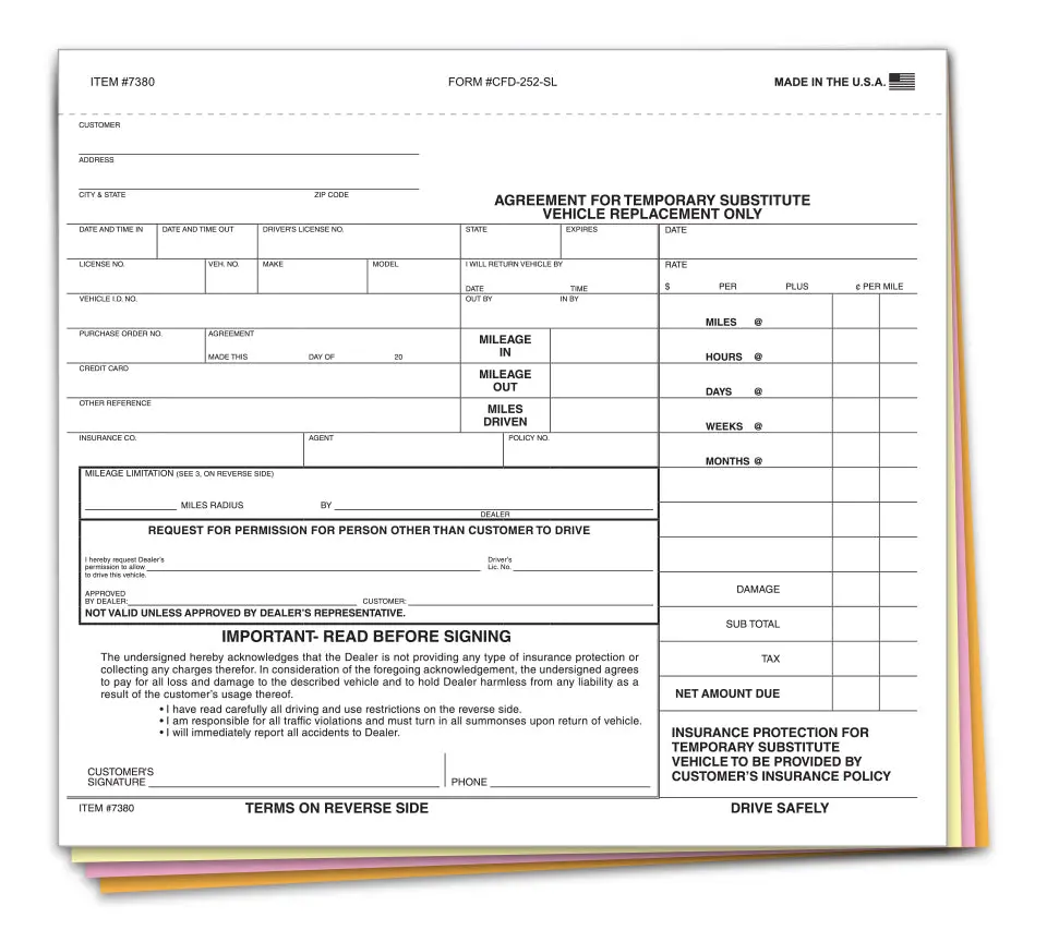 Substitute Vehicle Agreement (Form Cfd-252-Sl) – 8-1/2" × 7-5/8" 4-Part Snap-Out Carbonless Rental & Loan Agreement – Insurance Protection Disclaimer – Multi-Color Forms (White, Canary, Pink, Goldenrod) 1