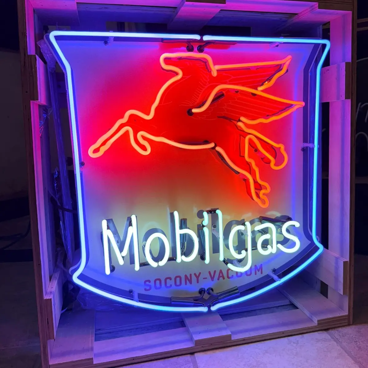 Mobilgas Pegasus Die Cut Shield Neon Porcelain Sign — Socony-Vacuum | Real Hand-Blown Glass & Porcelain 1