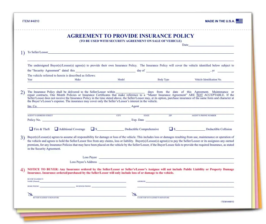 Agreement To Provide Insurance Policy (Form 228Rs-U) - 8.5" × 7" Size, 4-Part Snap-Out Carbonless Copies - Vehicle Insurance Coverage Agreement, Comprehensive Documentation For Dealerships 1