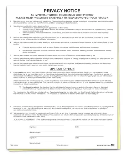 Privacy Notice Form (Pn-2001-2) – 8.5" X 11" 2-Part Edge Glued Carbonless Form – Financial Privacy Notice With Opt-Out Option – Compliant Banking & Financial Services Form 1