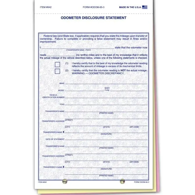 Plain Odometer Disclosure Statements With Blue Screen/No Screen - 5-2/3" × 9-1/8" 3-Part Snap-Out Carbonless Forms With 2 File Holes For Easy Posting - White, Canary, Pink 1
