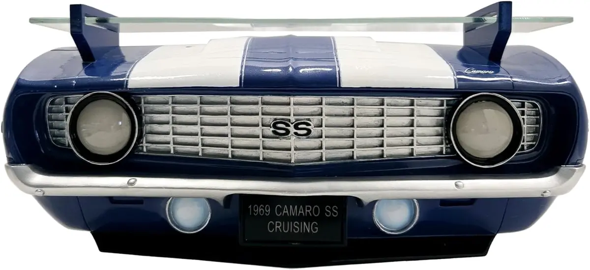 1969 Chevrolet Camaro Ss Floating Wall Shelf, Lemans Blue With White Stripes, 19.5X6x8 Inches, Tempered Glass, Battery Powered Led Headlights, Chevy Car Lovers Decor 1