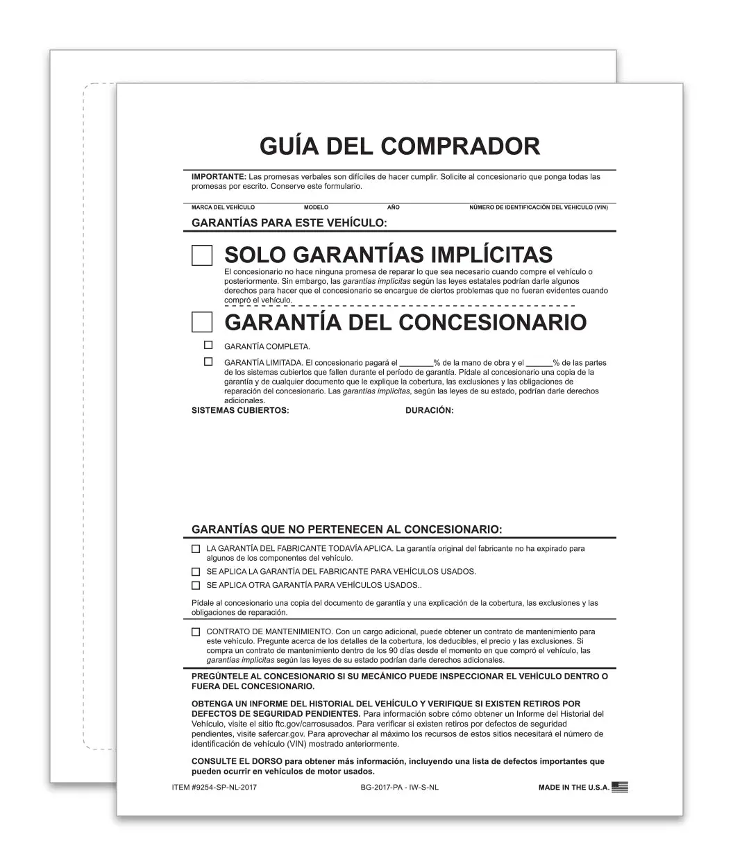 Implied Warranty Spanish – No Lines Exterior Buyers Guide For Car Dealerships - 8.5" X 11" Weather-Resistant 1-Part Ftc-Compliant Vehicle Window Forms - Permanent 4-Side Self-Adhesive, Laser Compatible 1