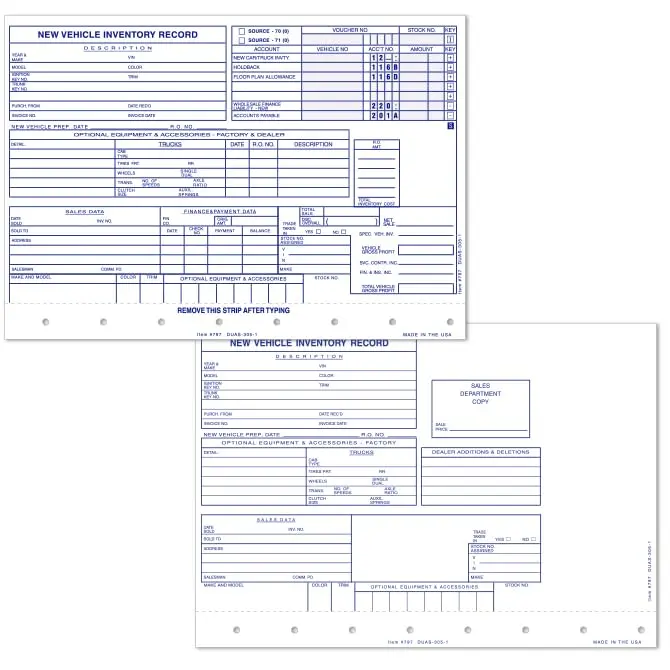 New Vehicle Inventory Cards – 2-Part Snap-Out With Stub, Patterned Carbon On 100# Tag Paper – 8" X 5-5/8" Sales & Accounting Vehicle Record Forms – Car Dealership Inventory Management 1