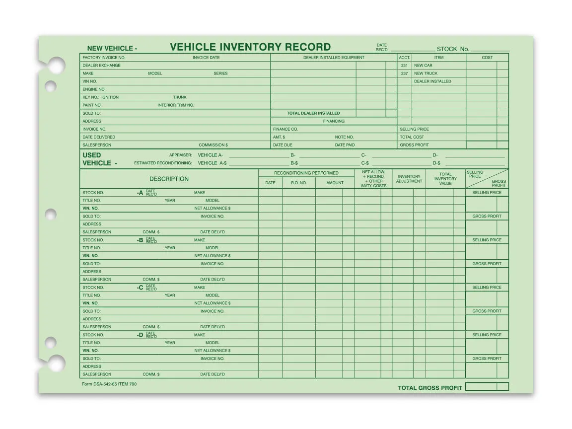 Automotive Vehicle Inventory Records – 10-3/8" × 7-1/2" 28# Green Tint Paper – Front & Back Printed Standard Industry Forms With Keyhole Punch For Binder Storage – Dealership Inventory Forms 1