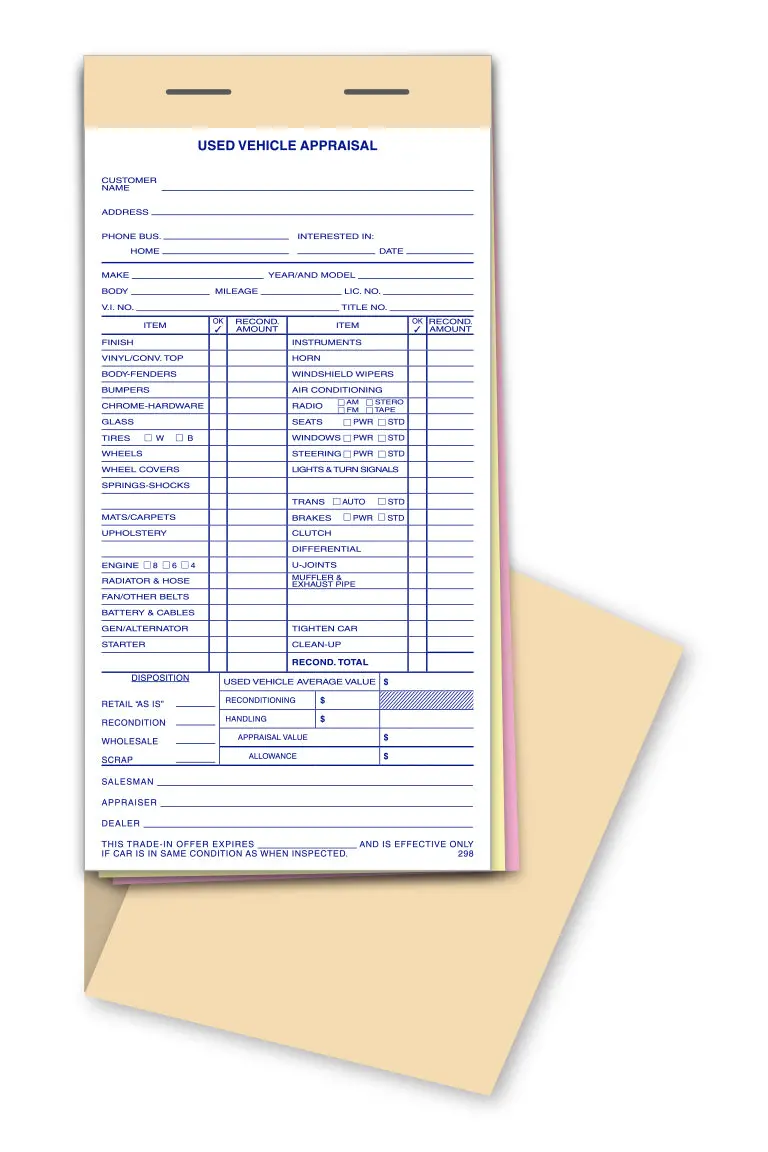Used Vehicle Appraisal Book Form 298 - 3-Part Snap-Out Carbonless Paper With Heavy-Duty Wrap-Around Cover - 25 Forms Per Book, 4.25" X 8.5" Portable Size 1