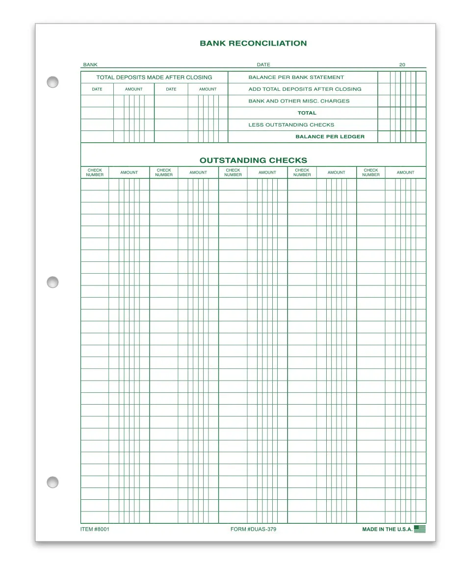 Bank Reconciliation Forms (Duas-379) – 8-1/2" X 11" Standard Size – 1-Part Durable 28# Green Tint Ledger Paper – Financial Statement Balancing & Accounting Forms For Small Businesses 1