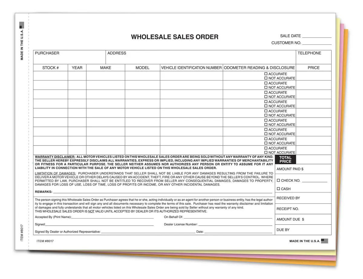 Wholesale Vehicle Sales Order Form – 11.5" X 8.5" Carbonless 4-Part Sales Contract For Car Dealerships, Auto Brokers, Used Vehicle Transactions 1
