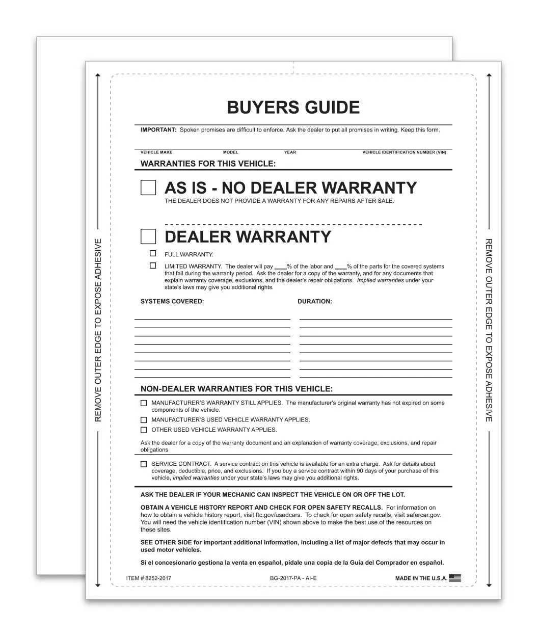 Ftc-Compliant As-Is Interior Buyers Guide – 8.5" X 11" Fade-Resistant, Permanent Self-Adhesive Car Window Sticker For Dealerships, Laser Printer Compatible 1