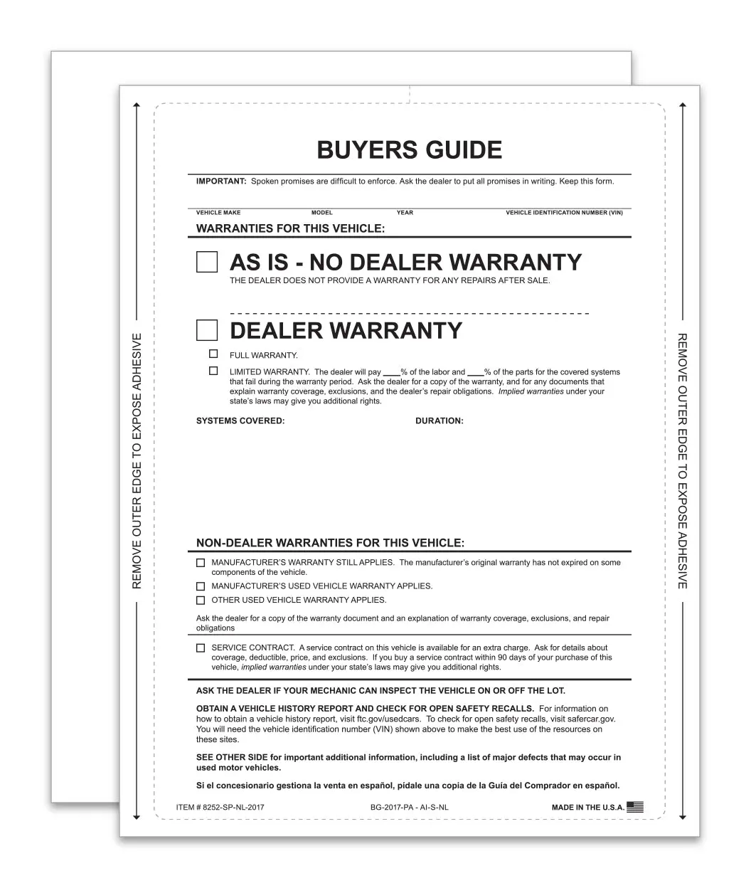 As-Is No Lines Interior Buyers Guide – 8.5" X 11" Ftc-Compliant Car Window Sticker, Fade-Resistant, Permanent Self-Adhesive, Laser Printer Compatible 1