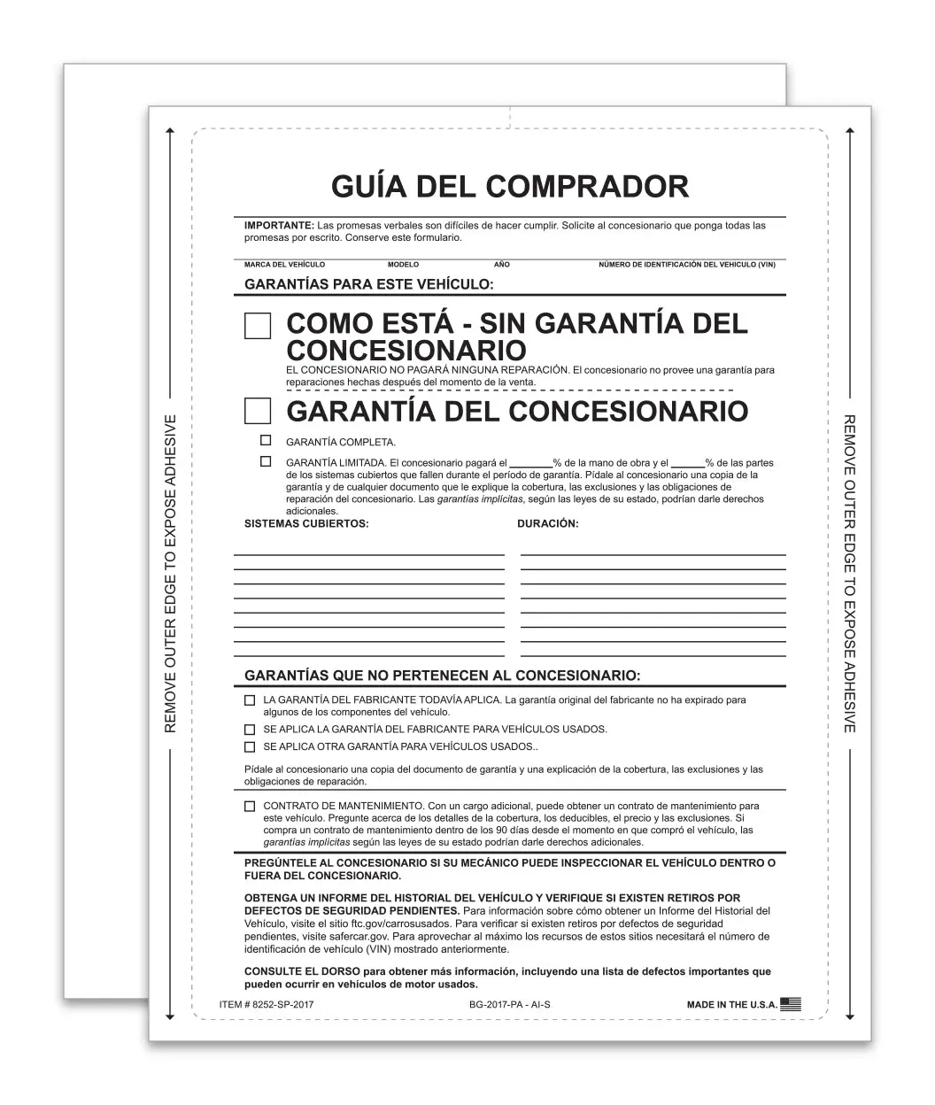 As-Is Spanish Interior Buyers Guide – 8.5" X 11" Ftc-Compliant Vehicle Window Sticker, Fade-Resistant, Permanent Self-Adhesive, Laser Printer Compatible 1