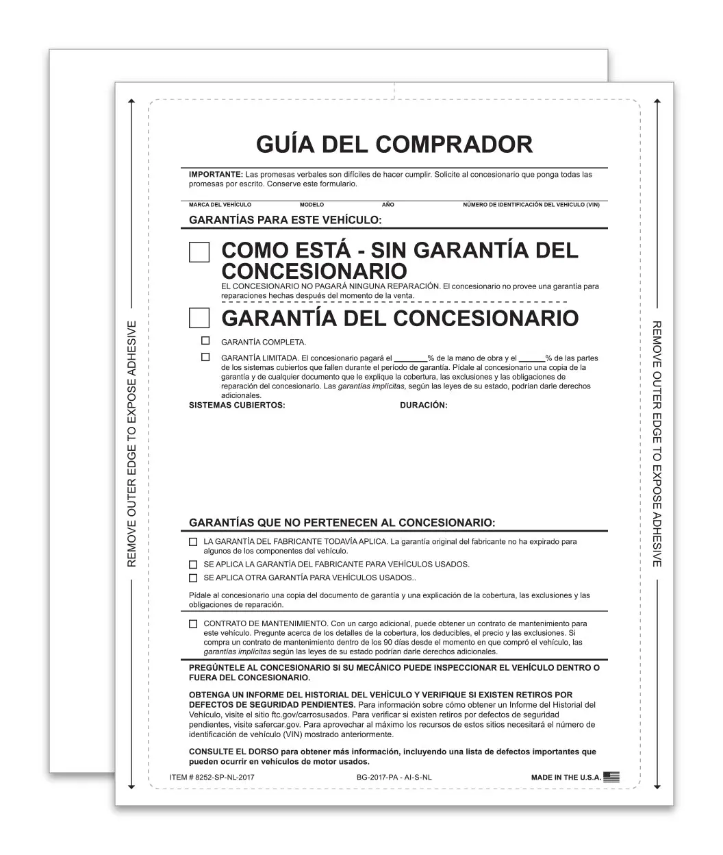 As-Is Spanish No Lines Interior Buyers Guide – 8.5" X 11" Ftc-Compliant Vehicle Window Sticker, Fade-Resistant, Permanent Self-Adhesive, Laser Printer Compatible 1