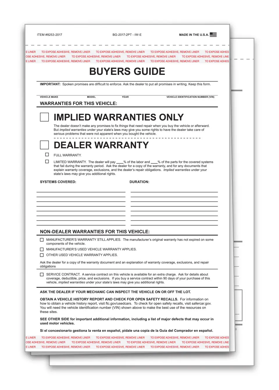 Implied Warranty Buyers Guide Forms For Car Dealerships – 2-Part Carbonless Snap-Out Vehicle Sale Forms – White/White – 7-1/3" × 11-3/4" Adhesive Window Display Ready – English/Spanish 1