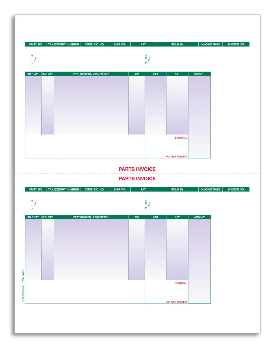 Laser Parts Invoice Forms (Lzr-Pt-Inv-2) – 8.5" X 11" Micro-Perforated 1-Part Laser Cut Sheets, Auto Parts Billing, Automotive Invoicing, Repair Shop Receipt Paper 1