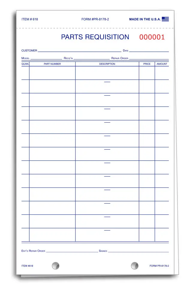Parts Requisition Forms (Pr-8178-2) – 2-Part Snap-Out Carbonless Work Order Forms With 2 File Holes – 5-1/2" × 9-3/16" Size, White/White Tag Copies – Inventory Control & Parts Issuing 1