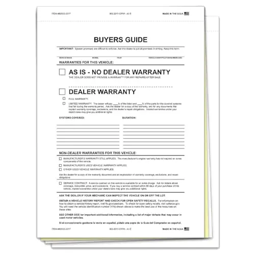 3-Part As-Is Combo Buyers Guide – 8.5" X 11.75" Ftc-Compliant White/Canary Carbon Interleave & White Adhesive Vehicle Disclosure Forms, Durable Auto Sales Documentation 1