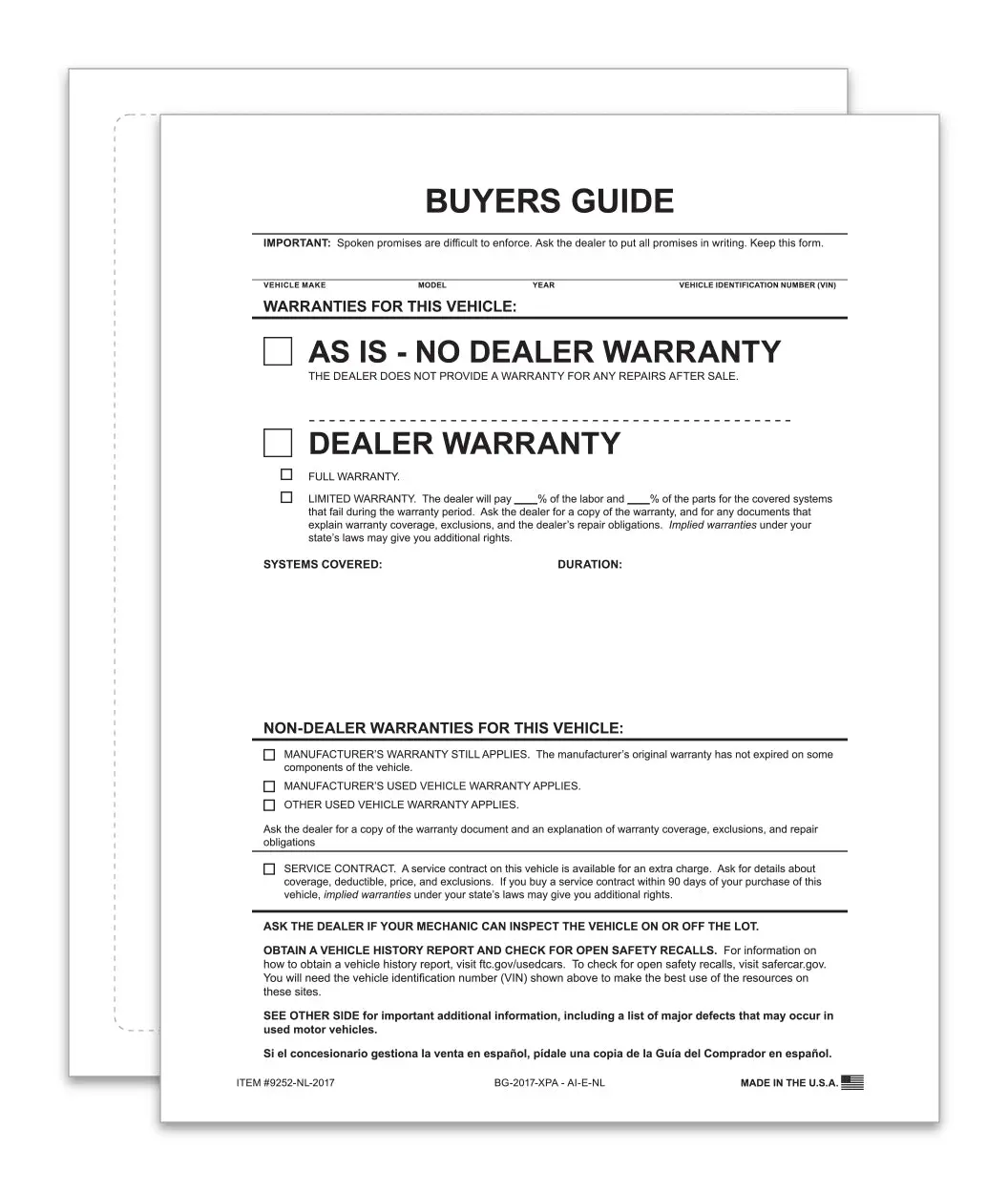 As-Is No Lines Exterior Buyers Guide For Car Dealerships - 8.5" X 11" Weather-Resistant 1-Part Ftc-Compliant Vehicle Window Forms - Permanent 4-Side Self-Adhesive, Laser Compatible 1