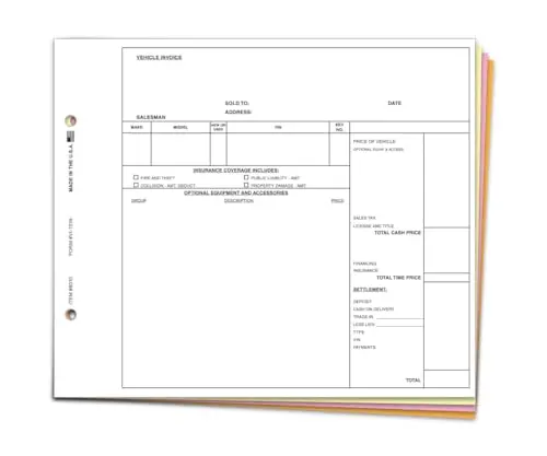 Vehicle Invoice (Form Vi-131N) – 9-1/4" X 7-7/8" 4-Part Edge Glued Carbonless Copies (White, Canary, Pink, Goldenrod) – Comprehensive Vehicle Sales Invoice For Car Dealerships 1