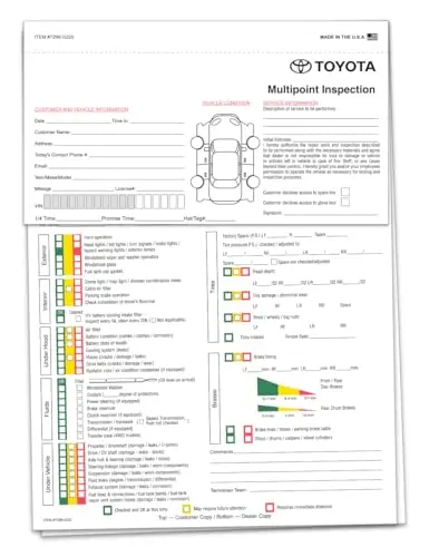 Toyota Vehicle Inspection Checklist - 3 Part Carbonless Checklist - Manufacturer Specific Inspection Report - 8-1/2"×11" Snap-Out - White, White, White 1
