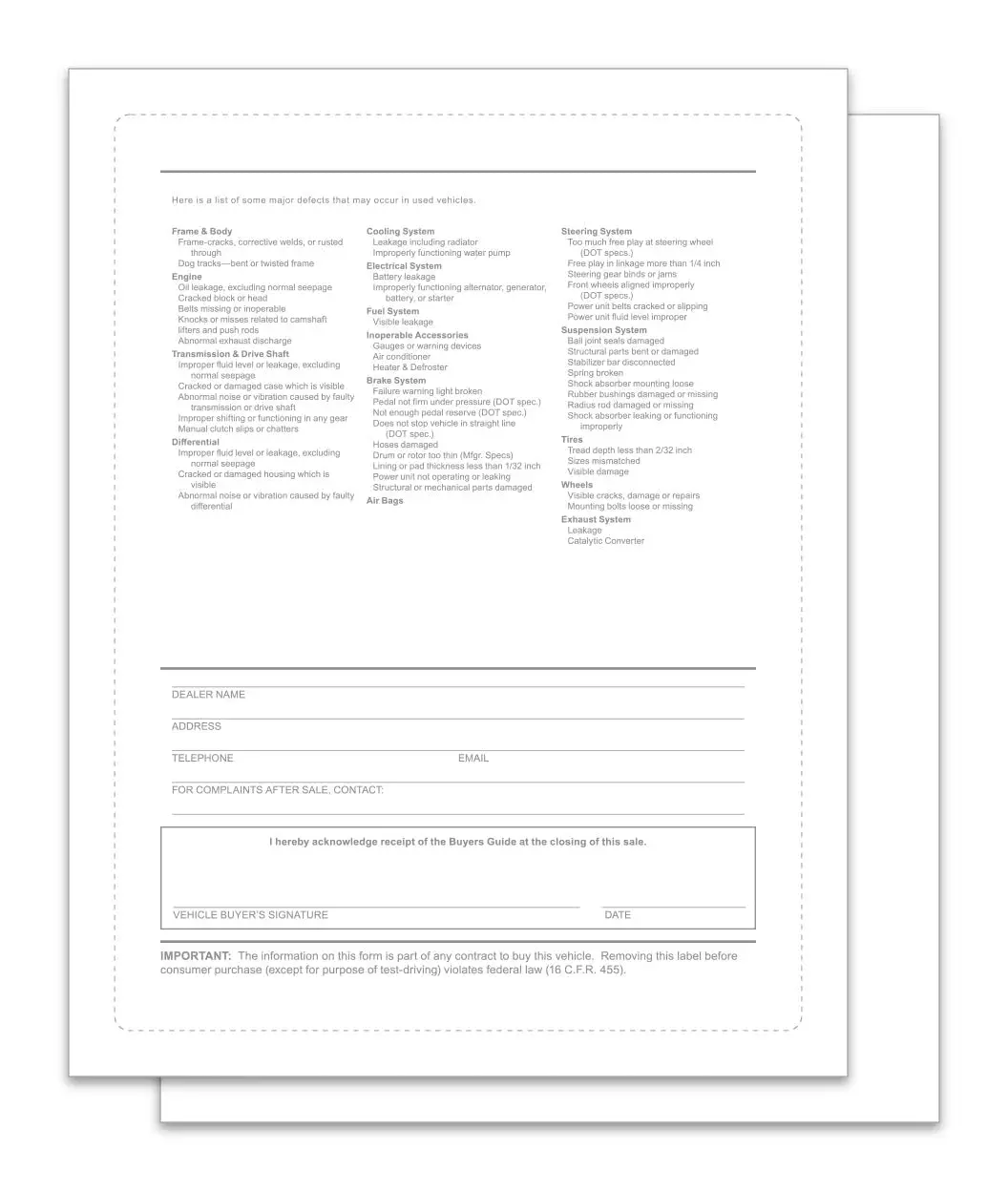 Backer Only Exterior Buyers Guide For Car Dealerships - 8.5" X 11" Weather-Resistant Vehicle Window Stickers - Ftc Compliance Form With Permanent Self-Adhesive - Laser Printable Car Sale Document 1