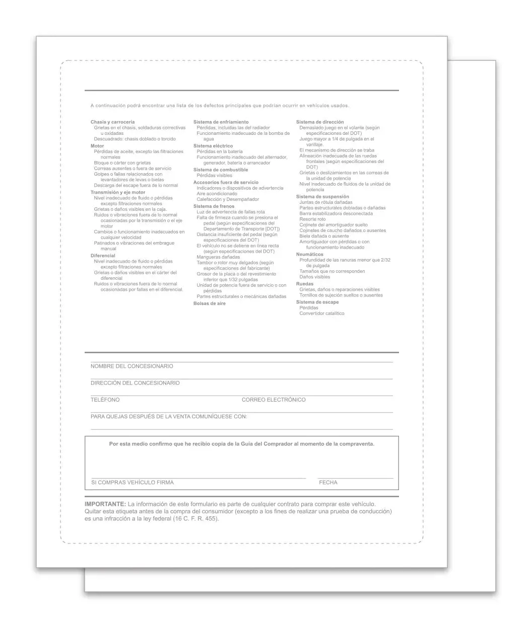Backer Only – Spanish Exterior Buyers Guide For Car Dealerships - 8.5" X 11" Weather-Resistant Vehicle Window Stickers - Ftc Compliance Form With Permanent Self-Adhesive - Laser Printable Spanish Car Sale Document 1