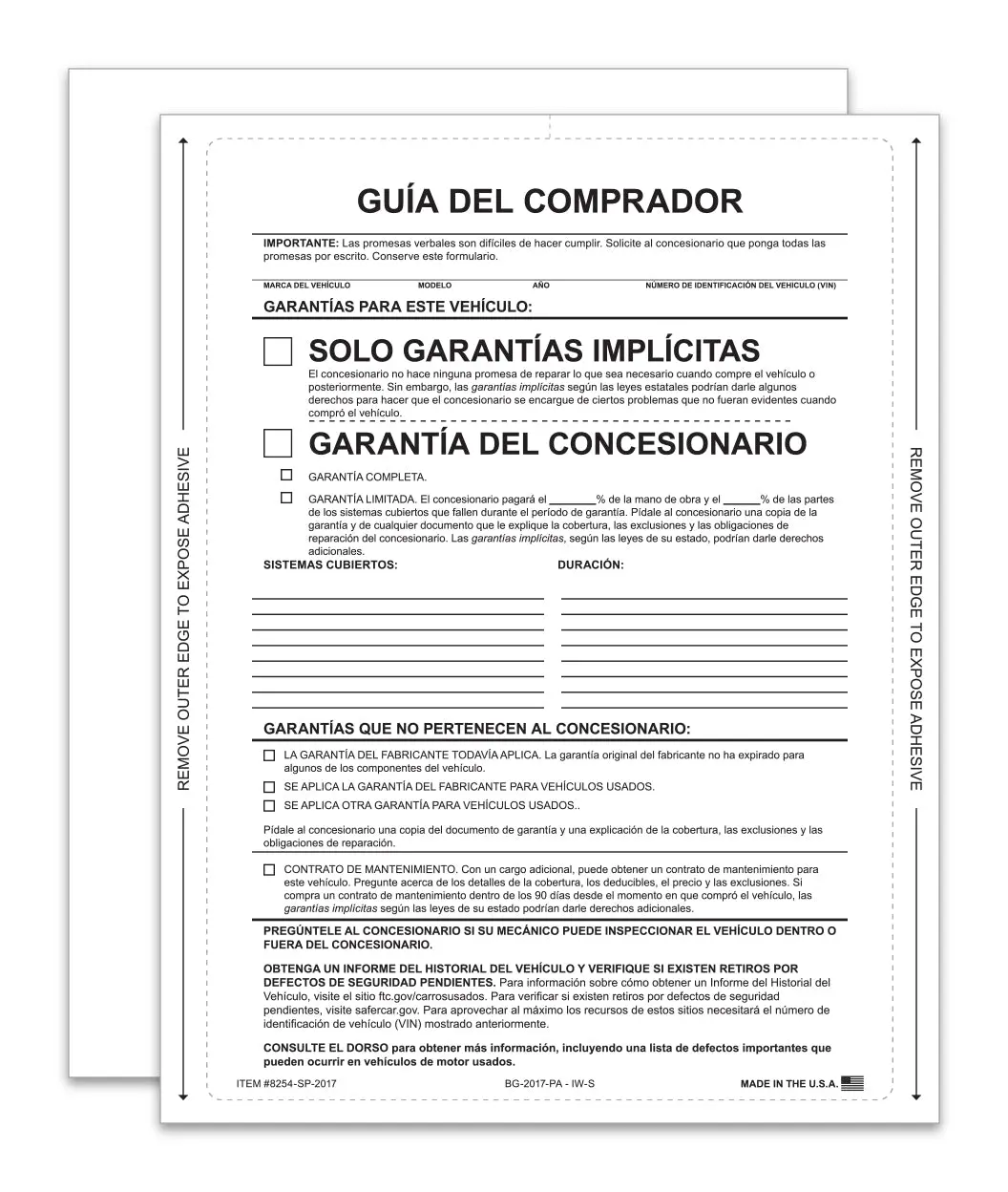 Implied Warranty Spanish Buyers Guide – 8.5" X 11" Ftc-Compliant Vehicle Warranty Window Sticker, Fade-Resistant, Permanent Self-Adhesive, Laser Printer Compatible 1