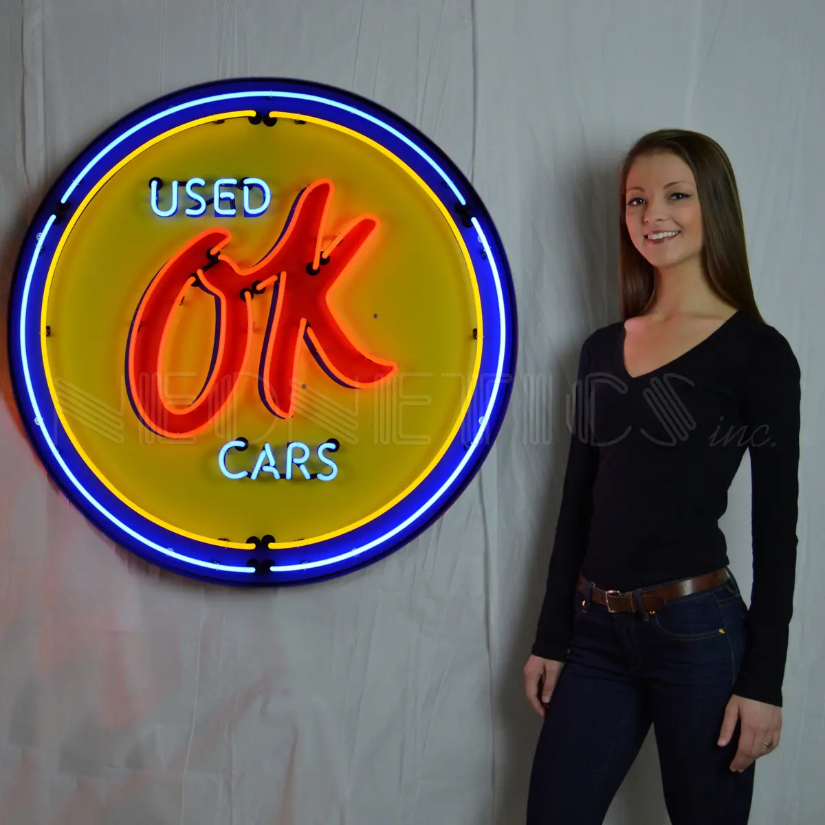 Chevy Ok Used Cars Neon Sign In A 36" Steel Can 1