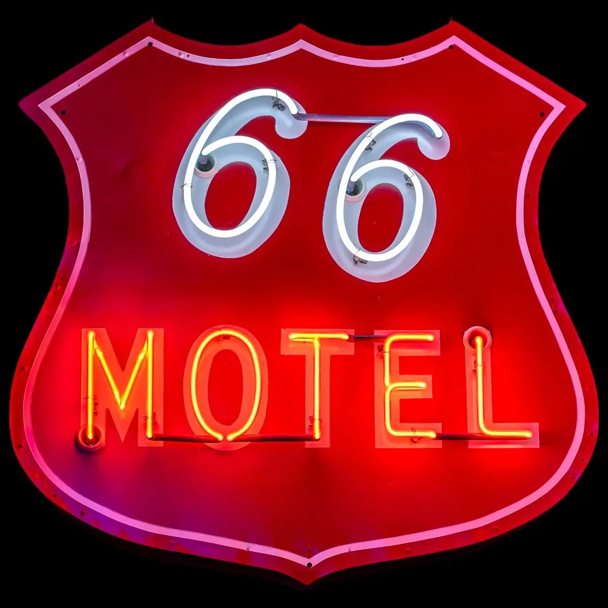Old Route 66 Motel Neon Die Cut Shield Porcelain Enamel 1
