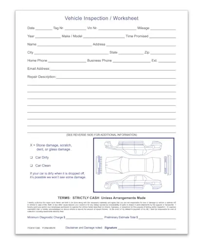 Vehicle Inspection Worksheet - 1 Part Pre-Service Write-Up Form With All Parts In Full Color - 8-1/2"×11" Padded And Convenient Vehicle Checklist - White 1