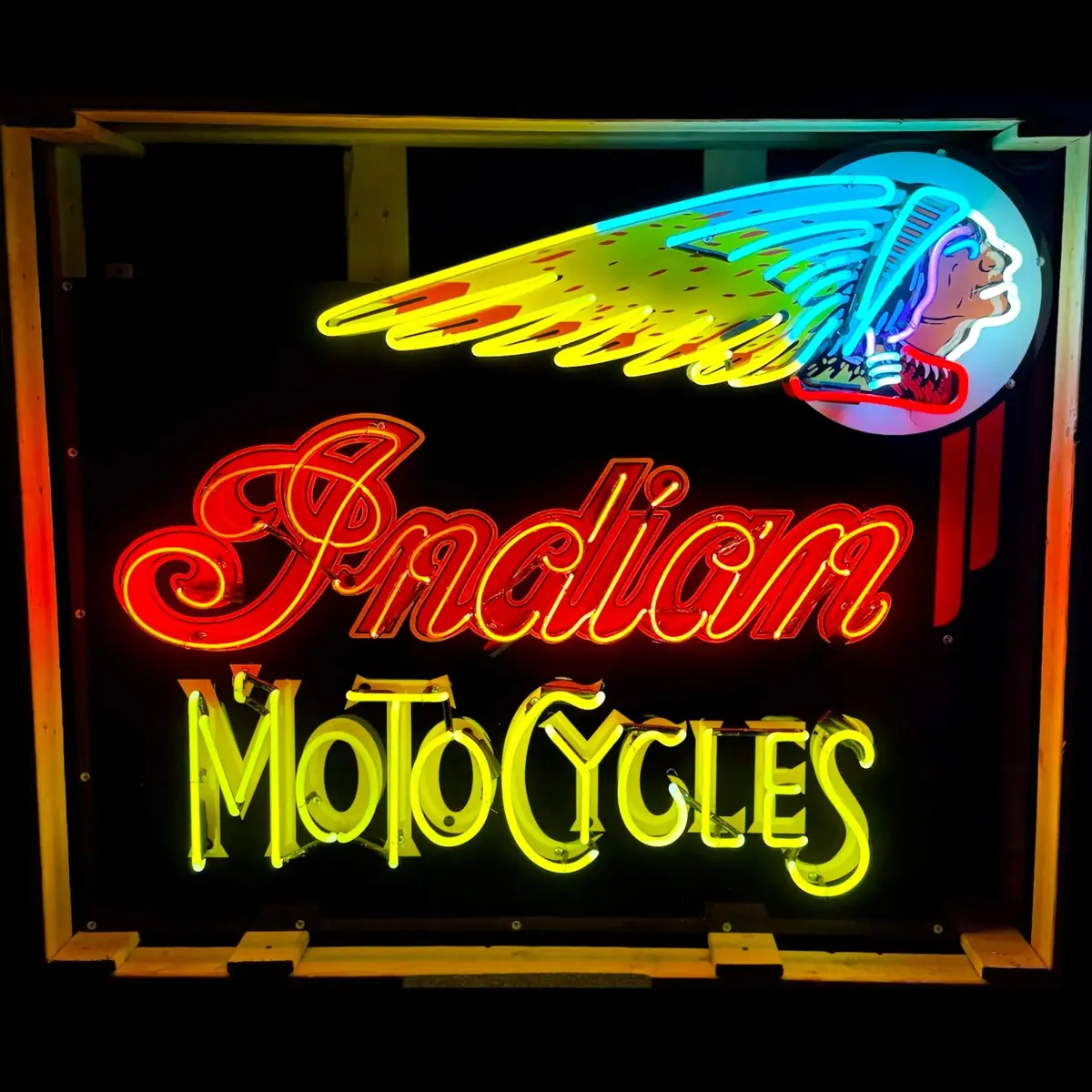 Indian Motocycles Iconic Headdress Neon Porcelain Die Cut Dealership Sign With Can 1