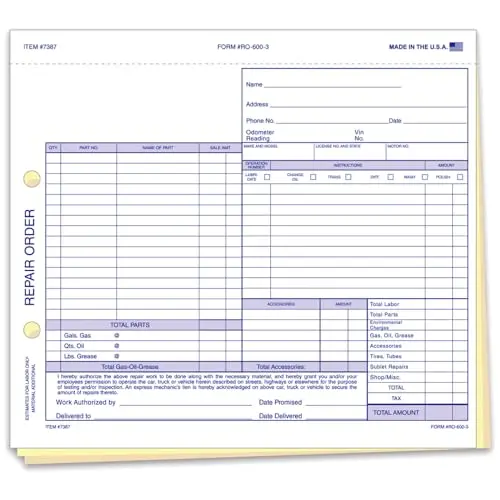 Automotive Repair Orders For Repair Shops, Garages & Service Centers - 7.625" × 8.5" 3-Part Carbonless Work Order Forms - Vehicle Maintenance, Auto Repair Documentation, Snap-Out Repair Forms 1