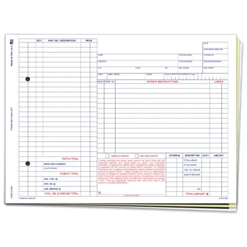 Automotive Repair Orders For Repair Shops, Garages & Service Centers - 7.625" × 8.5" 3-Part Carbonless Snap-Out Work Order Forms - Vehicle Maintenance Forms, Auto Repair Documentation, Service Shop Work Orders 1