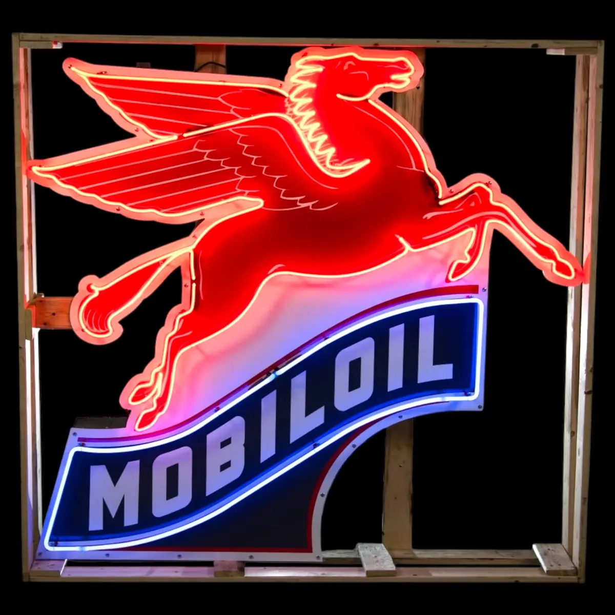 Large Mobiloil Neon Sign - Flying Horse Winged Pegasus, Real Glass, Porcelain, Right-Facing, Die Cut Steel Can - Vintage Gas Station Advertising Monument 1