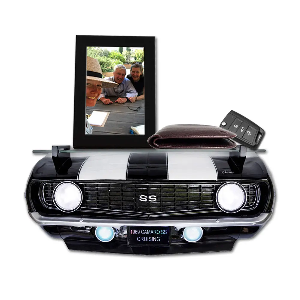 1969 Chevrolet Camaro Ss Floating Wall Shelf, Black With White Stripes, 19.5X6x8 Inches, Tempered Glass, Battery Powered Led Headlights 1