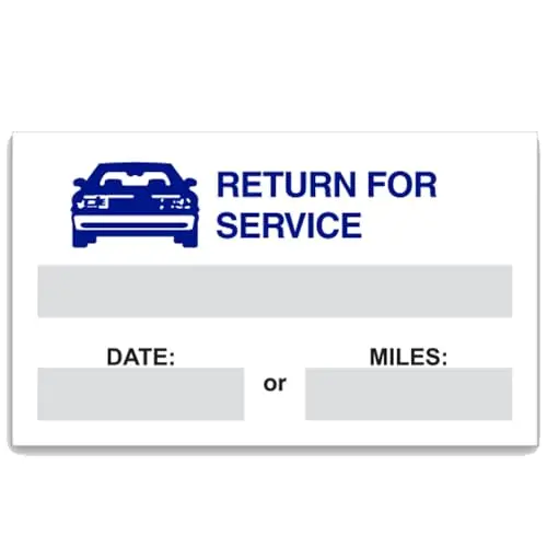 Blue Return For Service Stock Reminder Sheet Labels – Clear Background 2.5" X 1.5" Static Cling Reusable Service Reminder Decals – Automotive Dealership & Fleet Management Labels 1