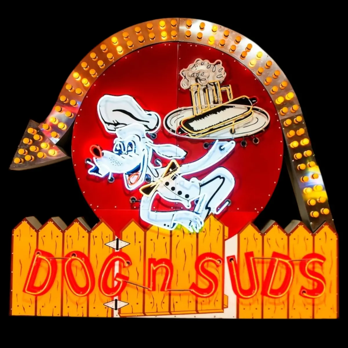 Dog N Suds Root Beer - Glass Neon Marquee Arrow Sign With Metal Can - Large Vintage Reproduction 48"/60”/72”/84” Xl Replica 1