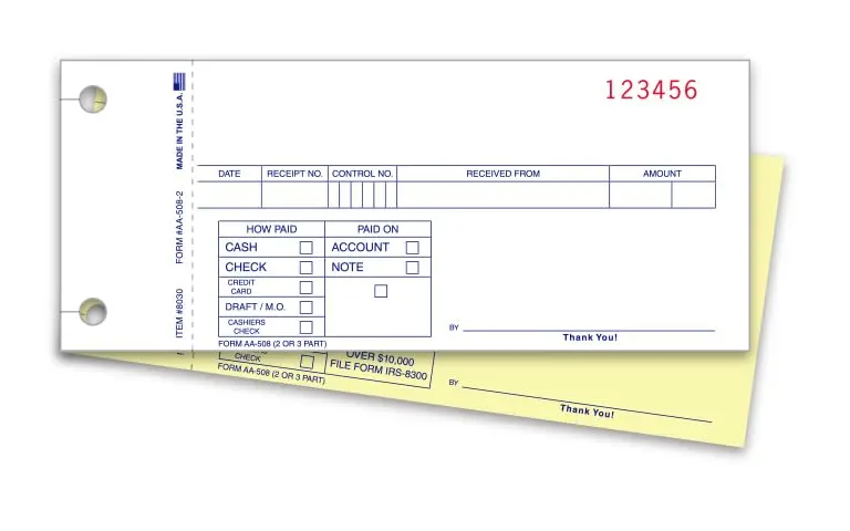 Carbonless Cash Receipts For Transaction Tracking - 2-Part & 3-Part Snap-Out Design With File Holes - White, Canary, Pink - Compact 6-1/2" × 2-3/4" - Plain Receipt Books, No Starting Number Selection 1