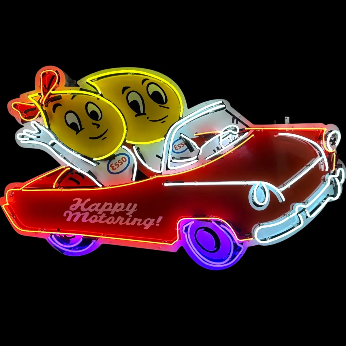 Esso Large Neon Sign - Die Cut Oil Drop Couple - Premium Glass & Porcelain With Can - Retro Gas Advertising 1