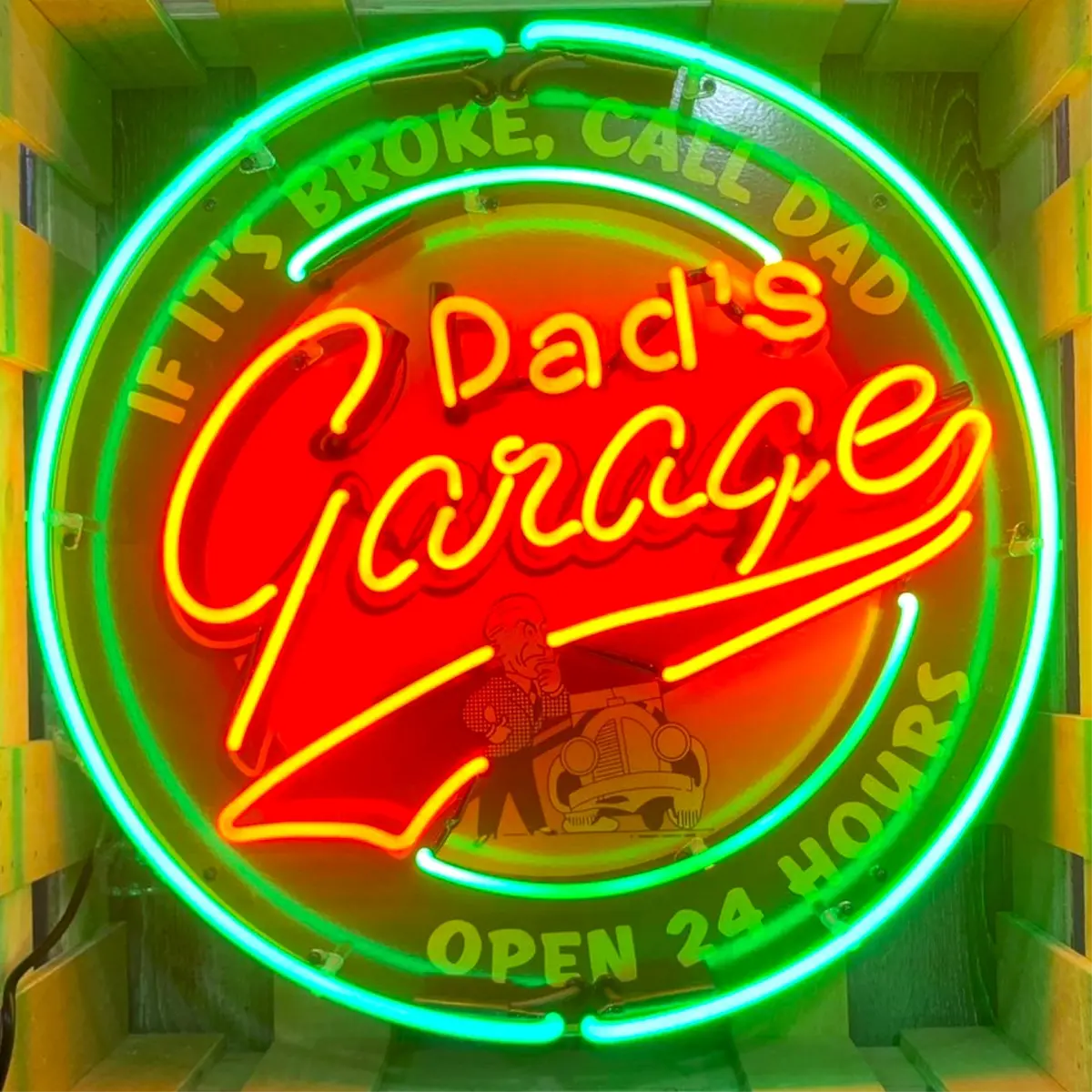 Dad's Garage Open 24 Hours Single-Sided Neon Porcelain Box Sign 1