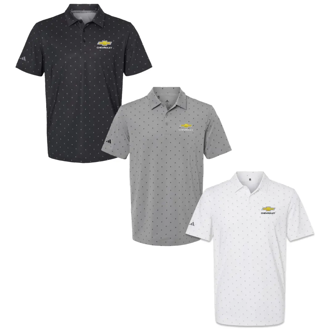 Chevy Gold Bowtie Adidas Pine Tree Polo Shirt -  Black, Grey, Or White 1
