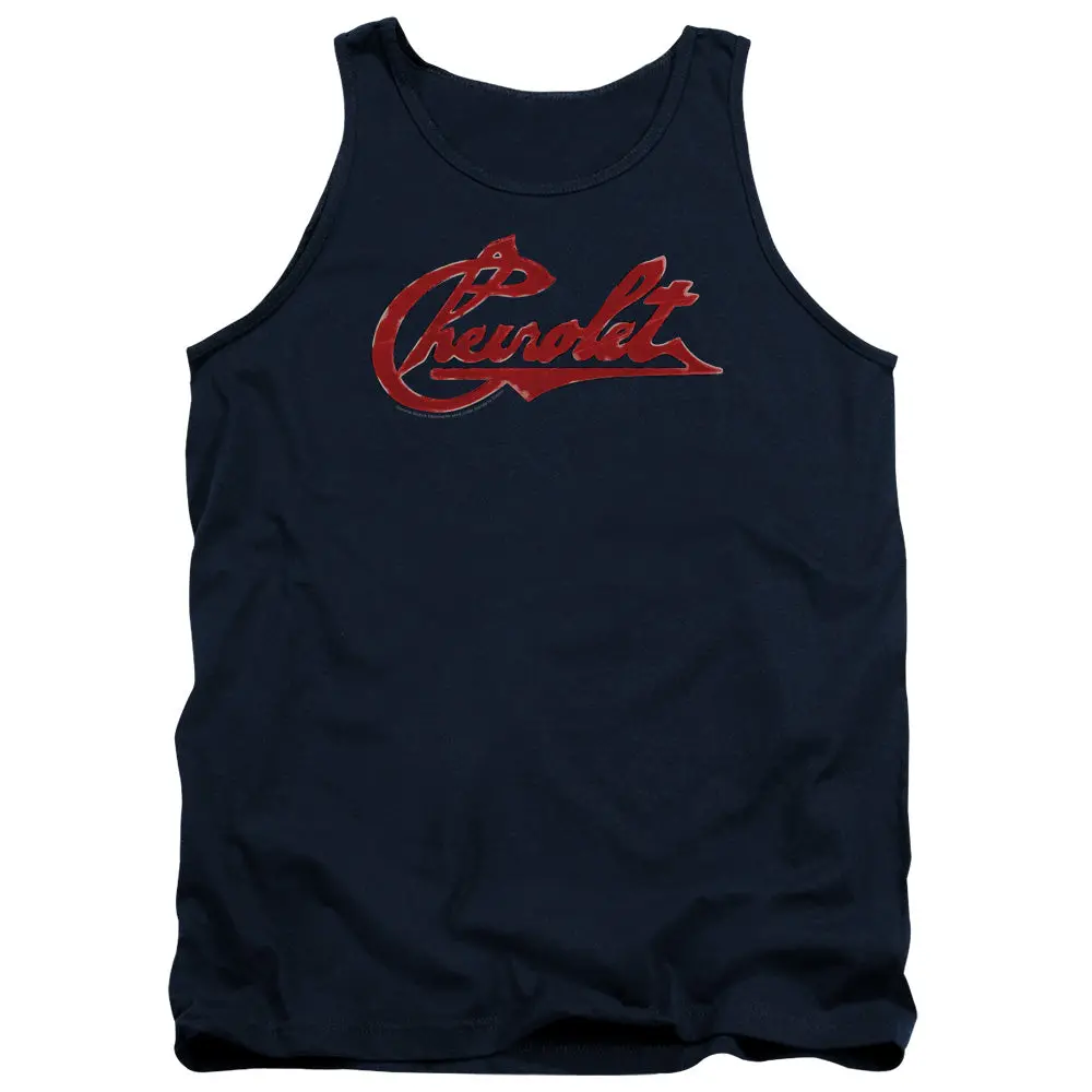 Chevrolet Script Distressed-Adult Tank Top-Navy 1