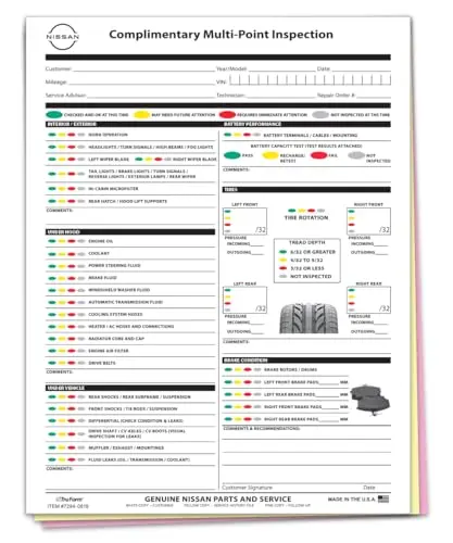 Complimentary Multi Point Inspection Form - Compatible With Nissan 3 Part Carbonless Vehicle Checklist - Manufacturer Specific Inspection Report - 8-1/2"×11" Edge Glued - White, Canary, Pink 4