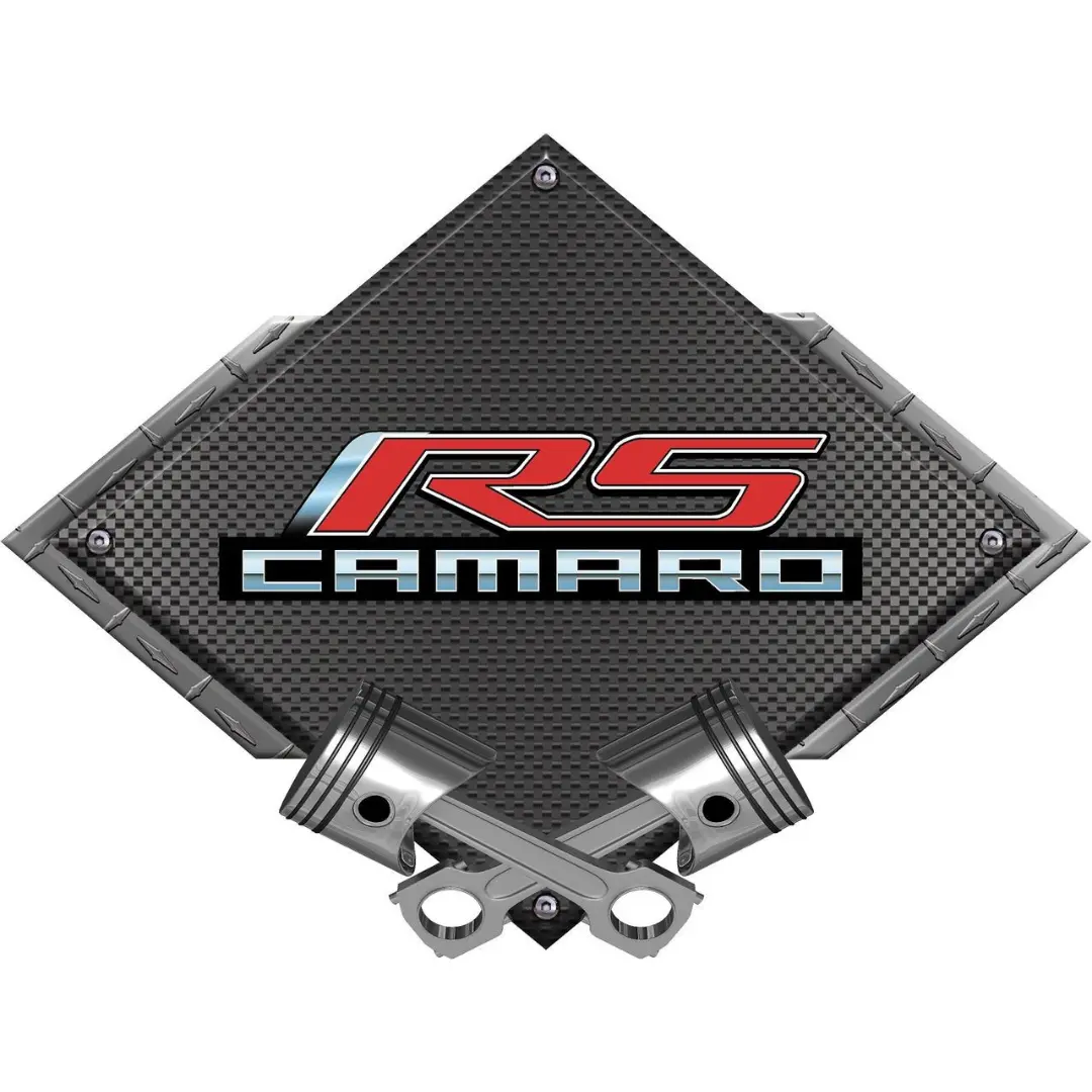 Camaro Rs With Script Black Diamond Cross Pistons Steel Sign 1