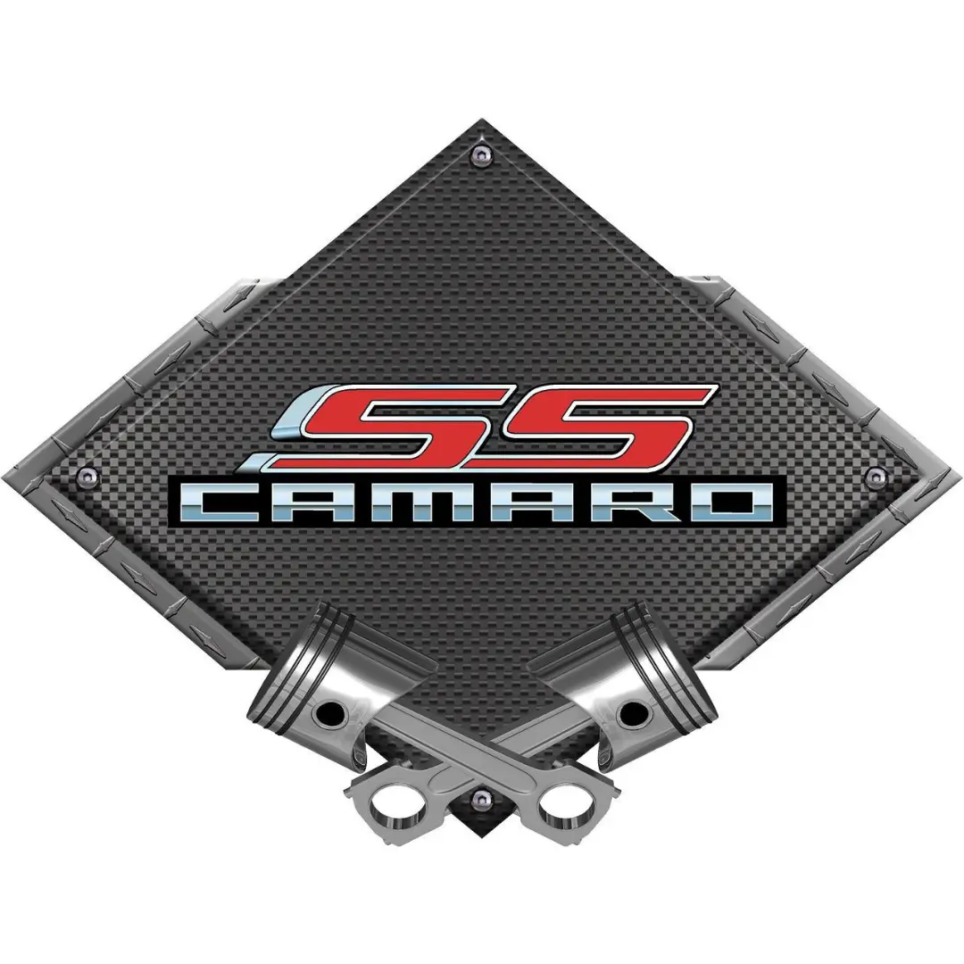 Camaro Ss With Script Black Diamond Cross Pistons Steel Sign 1