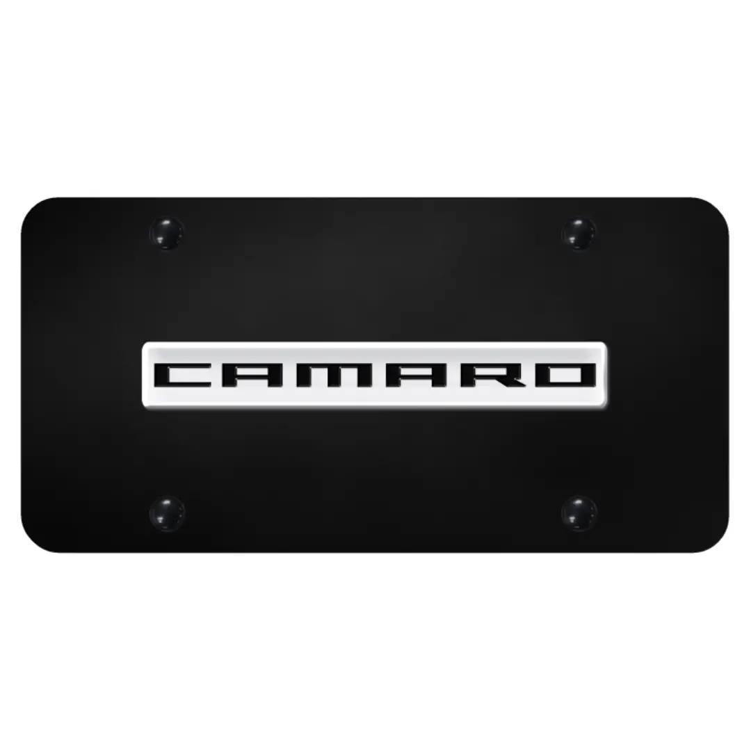 Camaro Script License Plate - Chrome On Black 1
