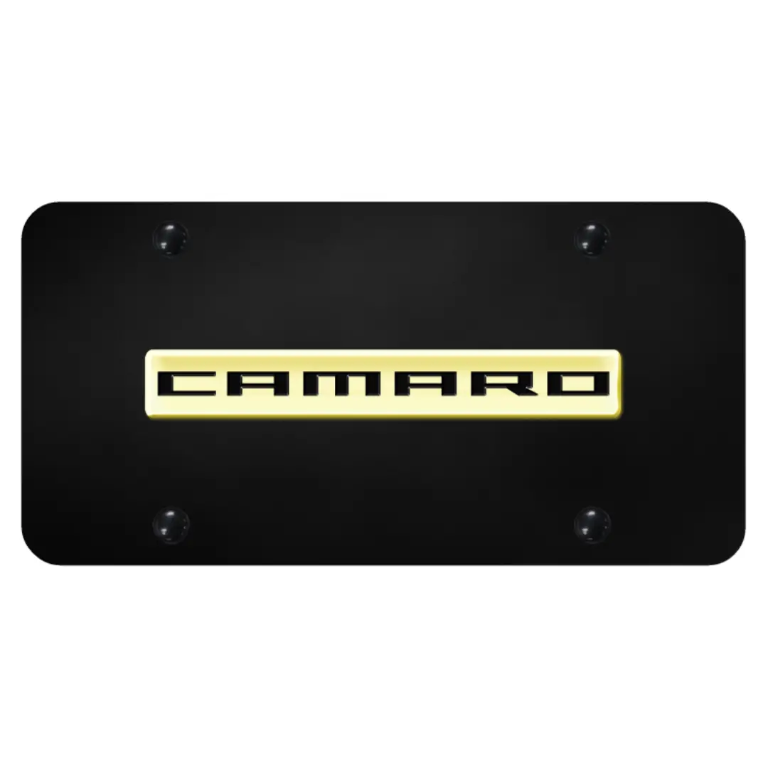 Camaro Script License Plate - Gold On Black 1