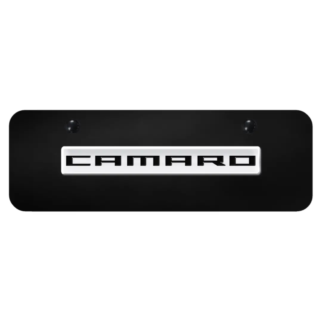 Camaro Script Mini License Plate - Chrome On Black 1